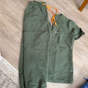 Figs Olive Green Jogger Pants and Catalina one pocket top with Orange Drawstring